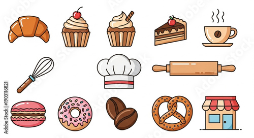 Collection of delicious baked goods and baking tools.
