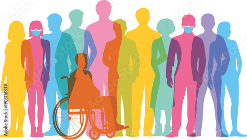 Inclusive diverse silhouettes, colorful community figures, accessibility equality unity concept, vibrant multicolor illustration design, diversity representation art, inclusive society support theme