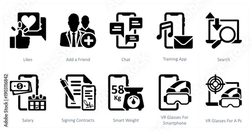 A set of 10 mix icons as likes, add a friend, chat