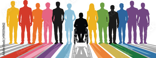 Inclusive diverse silhouettes, colorful gradient figures with shadows, accessibility equality unity concept, vibrant multicolor illustration design, community diversity representation art