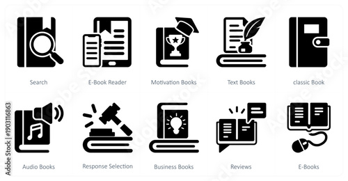 A set of 10 mix icons as search, e book reader, motivation books