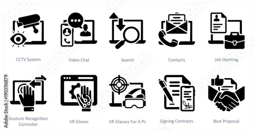 A set of 10 mix icons as cctv syctem, video chat, search