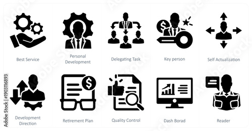 A set of 10 mix icons as best service, personal development, delegating task