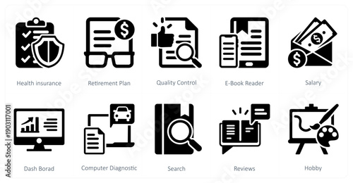 A set of 10 mix icons as health insurance, retirement plan, quality control