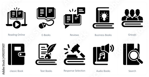 A set of 10 mix icons as reading online, e books, reviews