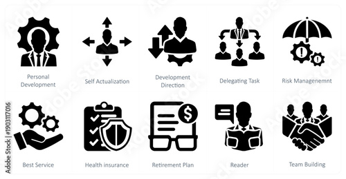 A set of 10 mix icons as perosnal development, self actualization, development direction