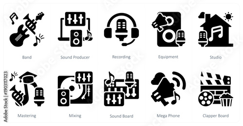 A set of 10 mix icons as band, sound producer, recording