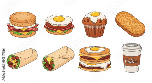 Collection of delicious breakfast food items and drinks.