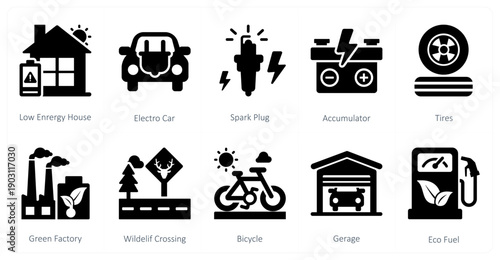 A set of 10 mix icons as low energy house, electro car, spark plug