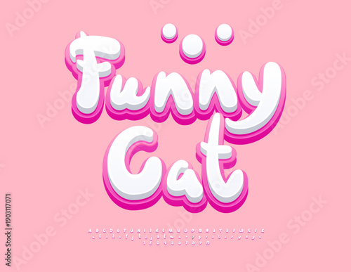 Vector Playful emblem Funny Cat. Cute White and Pink Font. Lovely Alphabet Letters and Numbers set.