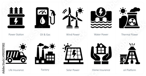 A set of 10 mix icons as power station, oil and gas, wind power