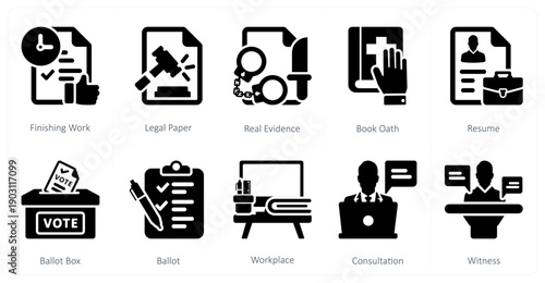 A set of 10 mix icons as finishing work, legal paper, real evidence