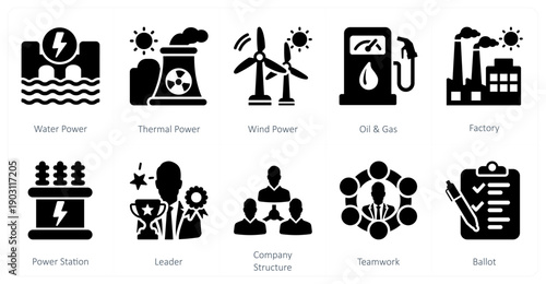A set of 10 mix icons as water power, thermal power, wind power