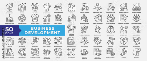 Business Development Icon Set Line Style Collection. Containing business, development, strategy, innovation, growth, think, document, financial, market and plan icon. Vector Illustration.
