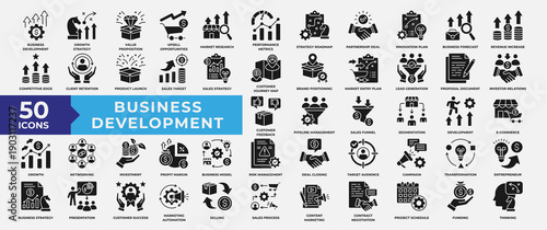 Business Development Icon Set Glyph Style Collection. Containing business, development, strategy, innovation, growth, think, document, financial, market and plan icon. Vector Illustration.
