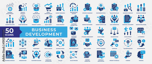 Business Development Icon Set Flat Blue Style Collection. Containing business, development, strategy, innovation, growth, think, document, financial, market and plan icon. Vector Illustration.