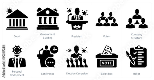 A set of 10 mix icons as court, government building, president