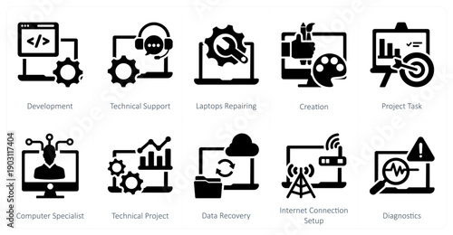 A set of 10 mix icons as development, technical support, laptop repairin