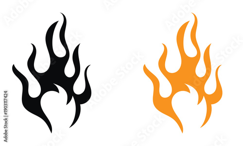 Stylized flame shapes and fire icons. Set of flame silhouettes and fire shapes in various styles, commonly used for tattoos, logos, racing graphics, and hot rod designs.

