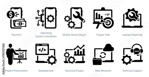 A set of 10 mix icons as payment, operating system installation