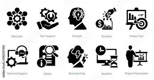 A set of 10 mix icons as execution, tech support, concep
