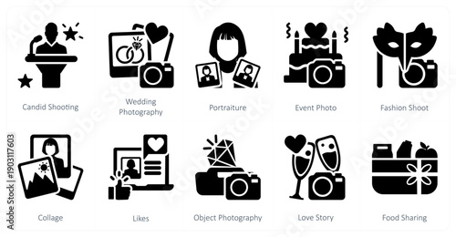A set of 10 mix icons as candid shooting, wedding photography