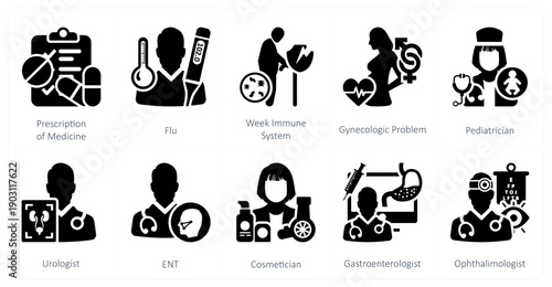 A set of 10 mix icons as prescription of medicine, flu, week immune system