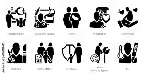 A set of 10 mix icons as endocrinologist, gastroenterologist, family