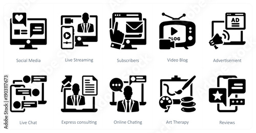 A set of 10 mix icons as social media, live streaming, subscribers