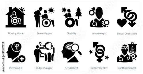 A set of 10 mix icons as nursing home, senior people, disability