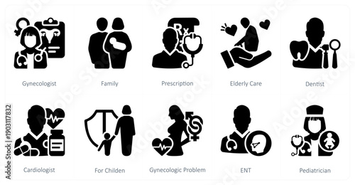 A set of 10 mix icons as gynecologist, family, prescription