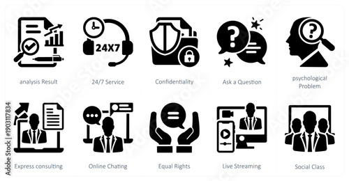 A set of 10 mix icons as analysis result, 24x7 service, confidentiality