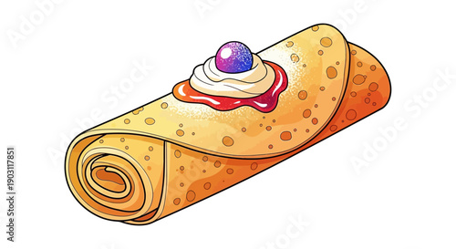 Delicious blueberry crepe cartoon illustration with whipped cream and syrup for breakfast