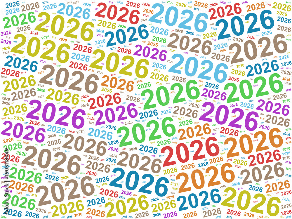 Fototapeta premium Colorful typographic pattern featuring repeated number 2026 in various sizes and colors