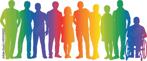 Colorful gradient people silhouettes with wheelchair users representing diversity inclusion equality accessibility unity and inclusive modern multicultural society concept