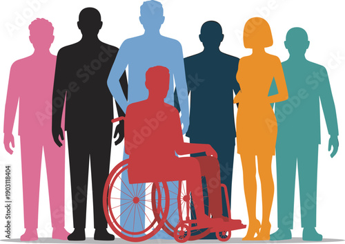 Diverse people group silhouette illustration including wheelchair user, inclusive society concept, gender equality diversity teamwork background design