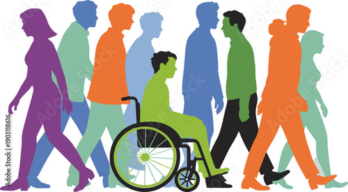 Diverse people silhouettes with wheelchair user flat vector illustration, inclusive society, accessibility, social diversity, equality and community concept design
