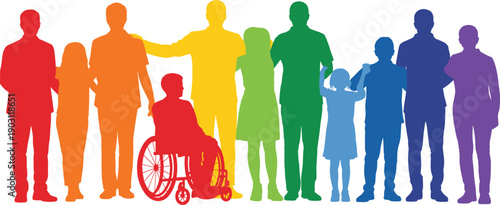 Colorful diverse people silhouettes including wheelchair user and children symbolizing unity inclusion equality accessibility community togetherness society illustration