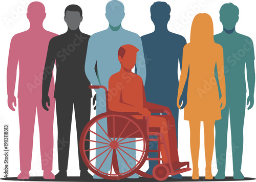 Diverse people silhouette group with wheelchair user, inclusive accessibility diversity concept, gender equality teamwork social community illustration