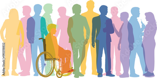 Inclusive diverse silhouettes, colorful overlapping community figures, accessibility equality unity concept, vibrant multicolor illustration design