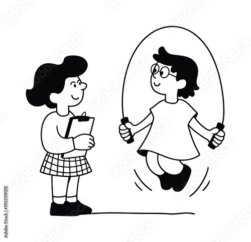 Children jumping rope and taking notes, illustration of childhood fun and activity