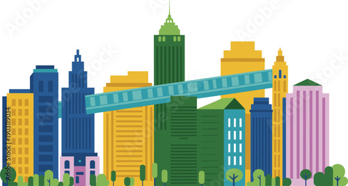 Colorful modern city skyline with skyscrapers and elevated bridge illustrating urban architecture, transportation, downtown environment flat vector illustration