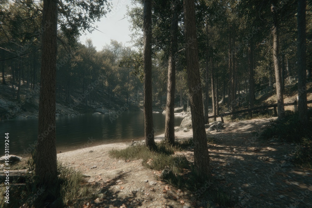 Obraz premium Tranquil forest path by a calm river