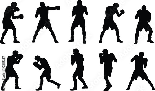 Boxing fighter silhouette poses set, boxer training actions, punching sparring movements, combat sport concept, flat vector illustration, design elements collection