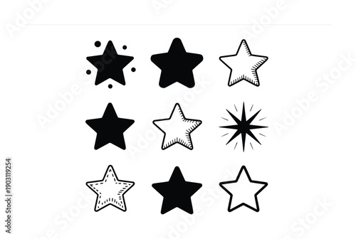 Collection of Nine Stylized Star in Vector illustration Black and White