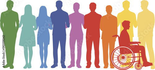 Inclusive diverse silhouettes, gradient community figures, accessibility equality unity concept, vibrant multicolor illustration design, diversity representation art, inclusive society support theme