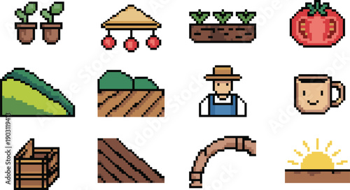Pixel art farming icons set, farmer crops seedlings fields irrigation tools, harvest landscape agriculture concept, retro game style illustration, pixelated rural life collection