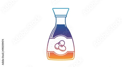 Vibrant gradient cartoon illustration of a traditional Japanese soy sauce bottle featuring soybean