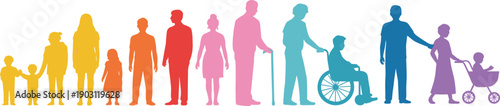 Colorful human silhouettes representing life stages and abilities, family community inclusion equality concept, social diversity, modern flat vector illustration