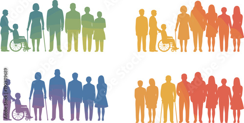 Diverse people silhouettes in four groups including families seniors and wheelchair users, social inclusion equality community diversity concept, flat vector illustration